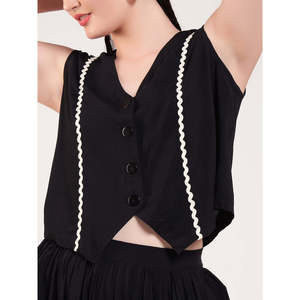 Deebaco Women's Black Sleeveless Co-Ord <b>Set</b> Loose Fit V-Neck Lace Work Waistcoat With <b>White</b> Trim Skirt Button Detail Summer Wear - Product Image 2