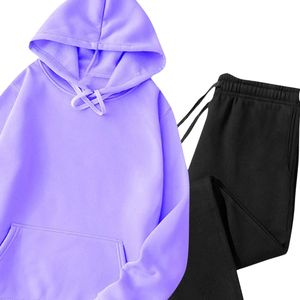 Lavender <b>Purple</b> Hoodie With Black Jogger Tracksuit Set Unisex Winter Fleece Casual Streetwear Sports Outfit OEM Wholesale - Product Image 4