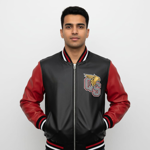 เสื้อแจ็คเก็ตหนังผ้าใบเคลือบพรีเมี่ยมสำหรับผู้ชายฤดูหนาวคอตั้งมีสไตล์แขนสีตัดกันเรียบและดีไซน์ซิปรูดทันสมัย - Product Image 3