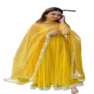 Pakaian India Pakistan Pesta Memakai Jaring Berat dengan Bordir Kerja Salwar Kameez Wanita Pakaian India Gaun Salwar Kameez