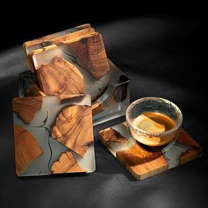 Square Acacia Wood and <b>Epoxy</b> <b>Resin</b> Coasters Set | Handmade Rustic Wooden Drink Mats <b>for</b> Coffee <b>Table</b>, Dining, and Home Decor - Product Image 1