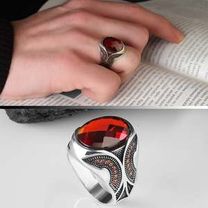 Vente en gros d'anneaux pour hommes Azuris VALKH1210 en argent sterling 925 avec pierre d'agate naturelle, fabriqués à la main en Turquie - Product Image 1