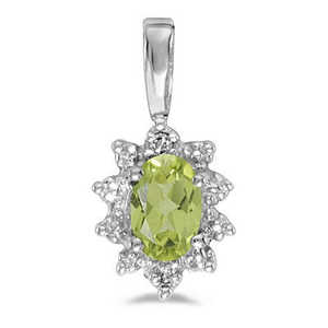 Collier pendentif en or blanc 14 carats avec péridot ovale et diamant, design en forme de fleur - Product Image 1