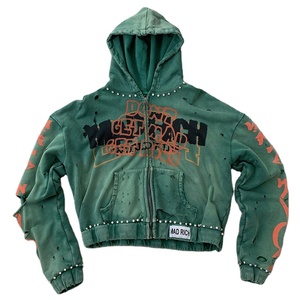 Nouveau sweat à capuche en molleton 100% coton délavé à l'acide, effet vieilli, 450 GSM, pour homme, hiver, avec strass et lettres personnalisées, style streetwear - Product Image 1