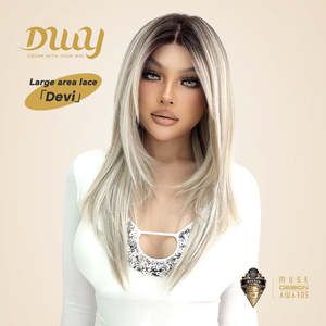 Perruque synthétique sans colle Devi-DWY 13x6, dentelle transparente, raie libre, mi-longue, lisse, couleur blonde - Product Image 5
