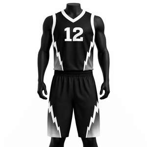 Ensemble Maillot et Short de Basketball Personnalisé en Gros – Design Éclair Noir et Blanc Sublimé – Tenue d'Équipe Respirante - Product Image 1