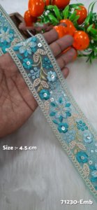 Custom made floral embroidered <b>laces</b> in 4.5 inch width with sequins work in five colour options for ladies wear and resale. - Product Image 4