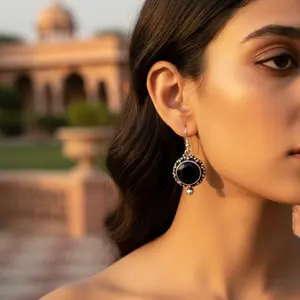 925 Silver <b>Black</b> Onyx Dangle <b>Earrings</b> <b>for</b> <b>Women</b> Trendy Geometric Crown Pattern Platinum Religious Style <b>for</b> Party or Gift - Product Image 3