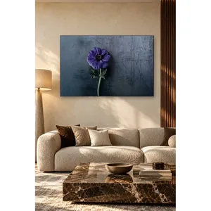 Impression sur toile d'anémone violette Fida sur fond gris rayé - Product Image 4