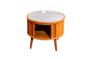 Table d'appoint ronde blanche avec dessus en faux marbre et finition chêne à lattes Tables basses Genre - Product Image 3