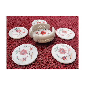 Handmade Antique Marble Inlay Tea Coaster Set Jali Work <b>Stone</b> Carved Engraving Flower Pattern Unique Home Decor <b>Stone</b> <b>Crafts</b> - Product Image 2