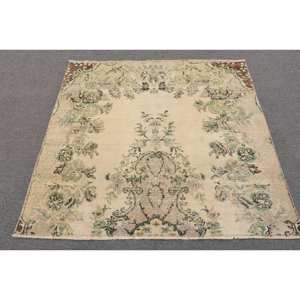 Classique Beige Vert Patchwork Laine Tapis 4.7 X 4.3ft Turc Aubusson Conception pour Salon Chevet Couloir Latex Rectangle - Product Image 1