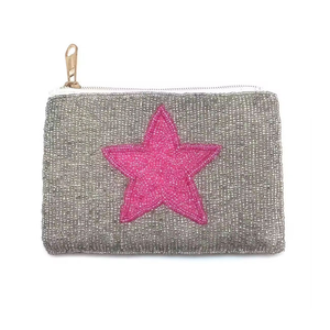 Mini monedero hecho a mano, cierre de cremallera de lona con cuentas de estrella Rosa decorativa para tarjetas, llaves y artículos pequeños - Product Image 1