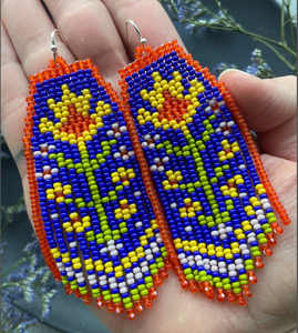 Flowers Beaded Earrings Floral Seed Bead Earrings Fringe Bead Earrings Bright Bead Earrings Native Earring - Fringe Earring - Product Image 1