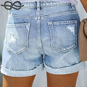 กางเกงขาสั้นผ้ายีนส์เอวสูงสำหรับผู้หญิงกางเกงยีนส์ขาดๆมีกระเป๋าดีไซน์เป็นฝอยมีสไตล์ฤดูร้อน - Product Image 5