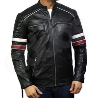 RedBlackLeather jaket untuk pria, jaket kulit domba asli, jaket motor balap, jaket dengan garis merah & putih mencolok