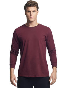 เสื้อยืดแขนยาวคอกลมสีแดงเบอร์กันดีเรียบง่ายสไตล์ลำลองสำหรับผู้ชาย - Product Image 3