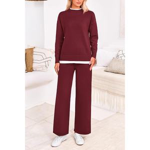 Conjunto de 2 Piezas de Alta Calidad para Mujer, Suéter Casual de Punto de Algodón Sólido y Pantalones Anchos para Conjuntos Deportivos - Product Image 3