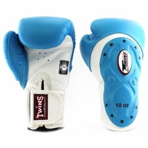 Gants de boxe en cuir de vachette de qualité supérieure, logo de marque personnalisé, bleu et blanc, sangle de poignet pour l'entraînement de Muay Thai et les sports. - Product Image 2