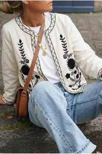 Women's Blouson Boho Suzani Embroidery Cotton <b>Jacket</b> <b>Mandarin</b> <b>Collar</b> Breathable Eco-Friendly Windproof Full Sleeve Autumn Winter - Product Image 2