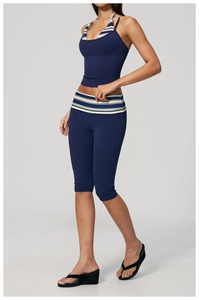 Halter Neck Crop Top High Waist Wide Leg Pants 2 Piece Set Striped Contrast Binding Yoga Wear - Product Image 2