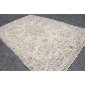 Tapis turc, tapis vintage 7,3x11,2 pieds, tapis en laine patchwork blanc et gris - Product Image 2