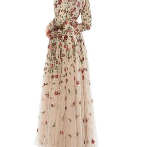 1980s Elegance Aqua Temptations Polyester Sequined Beaded Front Gown <b>Floor</b>-Length Full Sleeve Prom Dress Slit Parties evening go - Product Image 4