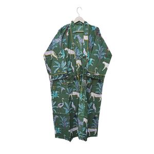 Handmade Green Floral Front Logo V-neck Pure Cotton Kimono Robe New Arrival Women's Daily Life Summer Spring Hand Printed - Product Image 5