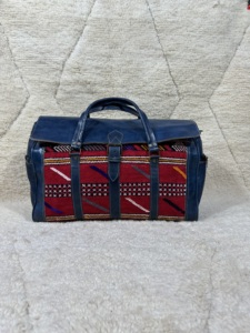 Moroccan Kilim <b>Duffle</b> <b>Bag</b> for Women and <b>Men</b> Genuine <b>Leather</b> Bohemian Style Outdoor Use with Zipper Closure - Product Image 3