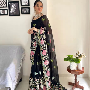 Saree Georgette de diseñador con Secuencia bordada Trabajo Corte Borde Estilo pakistaní Boda y fiesta Desgaste - Product Image 1