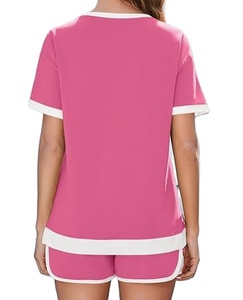 Ensemble décontracté femme : Hauts à manches courtes col rond et shorts à cordon de serrage, color block, en toile 100% coton, séchage rapide, été 2026 - Product Image 4