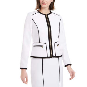 Calvin Klein Women's <b>White</b> <b>Zip</b>-<b>Up</b> Blazer Size 4 Contrast Piping Business Suit Style Embroidery Sequin Button Decorations Woven - Product Image 3