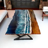 Table à manger rectangulaire moderne en résine époxy, bord naturel, style plage, en bois de noyer naturel, faite à la main, écologique, pour intérieur, Diwali