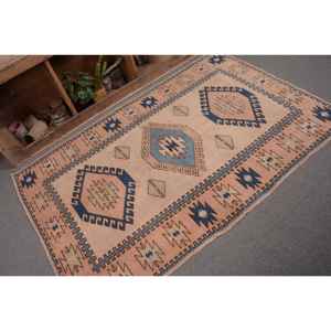 Alfombra Kilim Turca Vintage de 4.1 x 6.1 pies, Diseño de Parches Azul Beige, Lana y Látex Ecológicos, Pelo Mediano, Rectangular para Comedor - Product Image 5