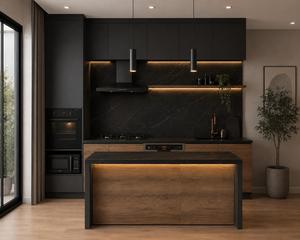 Meubles de cuisine modulaires en bois massif laqué noir moderne avec éclairage LED, robinet, tiroirs coulissants, charnières, évier et design contemporain - Product Image 1