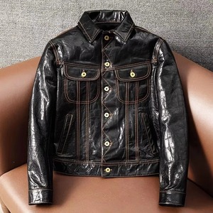 Chaqueta de piel de oveja genuina para hombre, estilo informal de un solo pecho, cuello vuelto, ajustado, cera de aceite, motocicleta, abrigo corto de lona - Product Image 6