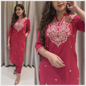 <b>Modest</b> Embroidery Casual Office Wear Women's Plus Size Full Sleeves Suit <b>Pants</b> Indian Coord <b>Pant</b> Cotton Wholesale Cord Set - Product Image 4