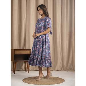 Vestido Boho de Algodón Mulmul Azul, Estampado a Mano, Cintura Imperio, Transpirable y Elegante - Product Image 4