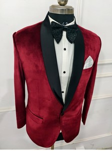 ชุดสูทกำมะหยี่สีแดงสำหรับผู้ชายชุดทักซิโด้ผ้าซาตินมีปกสีดำสำหรับเจ้าบ่าวหรืองานพรอม - Product Image 4
