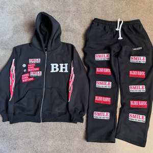 Survêtement 2 pièces pour hommes, 100% coton, 350 g/m², sérigraphie avec broderie, sweat à capuche zippé, pantalon de survêtement, vente en gros - Product Image 3