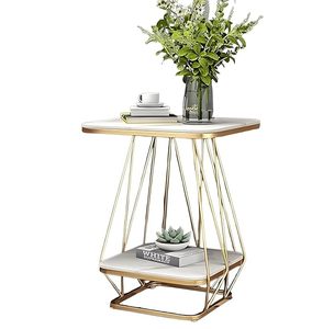 Mesa de Centro Cuadrada Moderna, Mesa Auxiliar o de Esquina con una Superficie de Madera Imitación Mármol y un Marco de Metal Dorado - Product Image 4