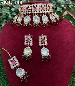 Conjunto de collar y pendientes de novia de Kundan, joyería elegante de latón con diamantes americanos para bodas y ocasiones festivas - Product Image 1