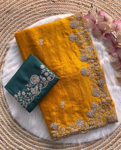 Sari elegante de diseñador de Bollywood con hermoso diseño de bordado y colección de tela de seda espacial para mujer, ropa de fiesta - Product Image 1
