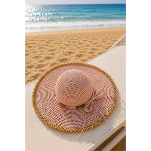 Powder Pink <b>Floppy</b> Bowler <b>Hat</b> with Tassel Detail Printed Natural Grass and Ribbon for Children's Outdoor Parties or Beach Use - Product Image 1