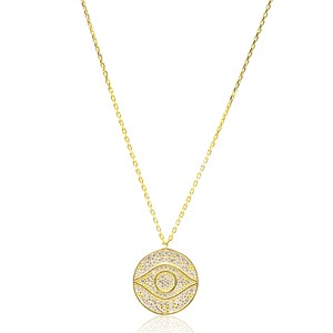Colgante con Diseño de Ojo Redondo y Circonita Transparente, Hecho a Mano en Turquía, Chapado en Oro sobre Plata 925, Joyería Minimalista para Mujer - Product Image 1