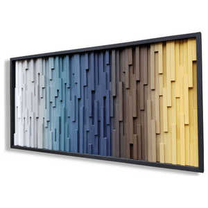 Bleu gris brun doré jaune bois mosaïque décoration murale panneaux muraux en bois fabriqués à la main - Product Image 1