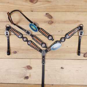 Hot Selling Equestrian Genuine Leather Durable Customizable Western Headstall & Breastplate <b>Set</b> <b>Beaded</b> Floral Design Hand-Tooled - Product Image 1
