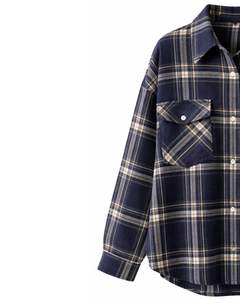 Camisa Oversize de Franela a Cuadros para Mujer, Azul Marino, Manga Larga, Casual, con Bolsillos, Suave, para Otoño e Invierno, Venta al por Mayor - Product Image 3