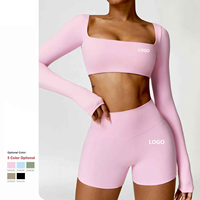 Ensemble de shorts de yoga 2 pièces pour femmes 2025, tricot sans couture, motif uni, bouton brodé, style vintage, coupe ajustée, 100 % coton