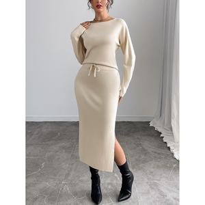 Women's Printed Boatneck Knit <b>Top</b> and Side-Slit Midi Skirt Set - Product Image 5
